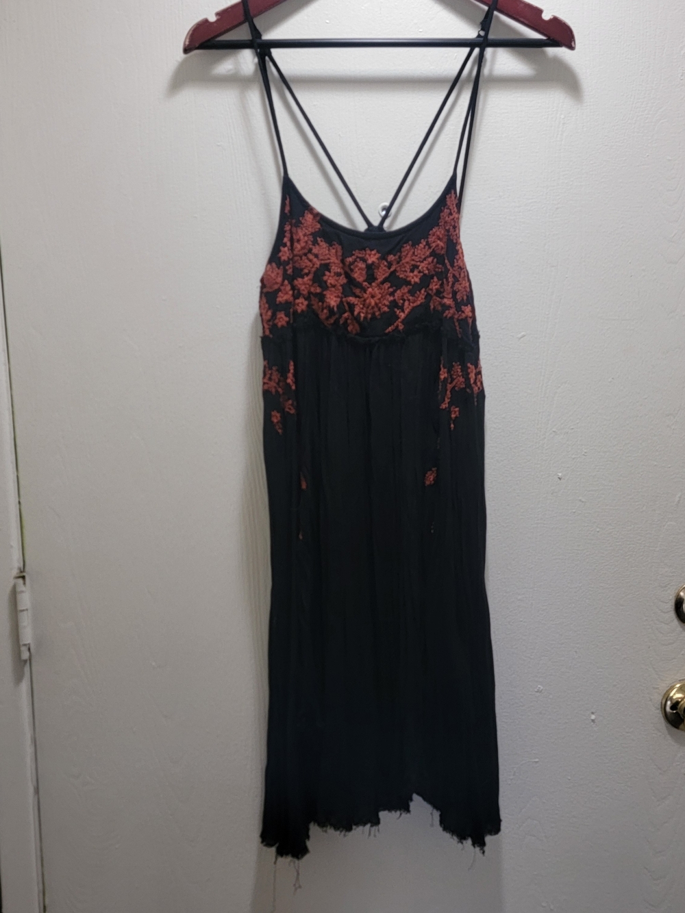 Free People Black Slip Dress with Rust Floral Embroidery